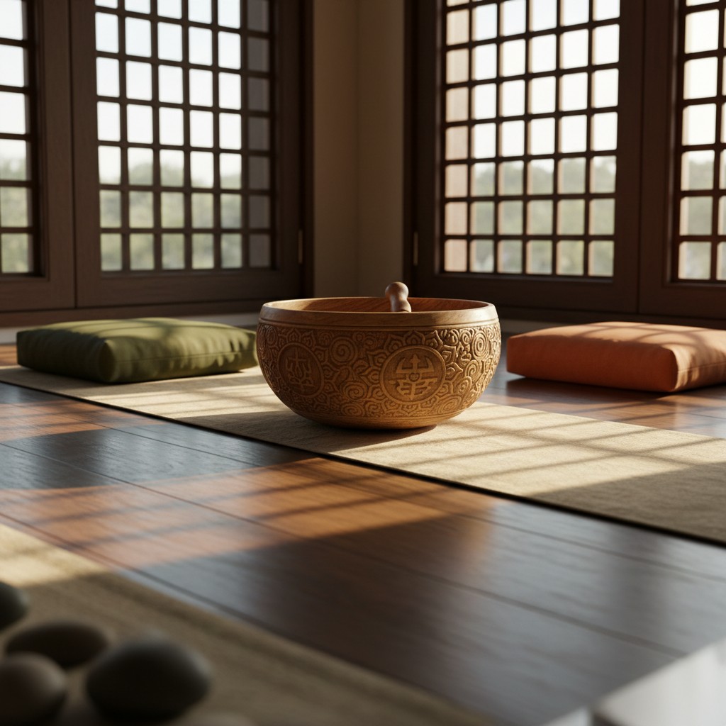 Sunlit Buddhist meditation room, featuring a large wooden floor bowl centered on a mat, bordered by windows and traditiona...