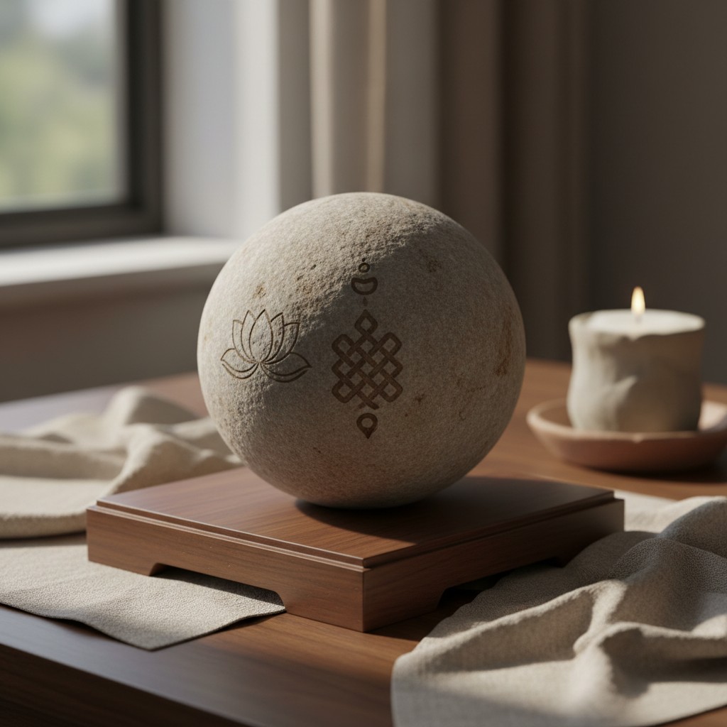 Here is a concise alt text for the image: "a Earthly chakra sphere resting on a dark wood base on a wooden table with clot...