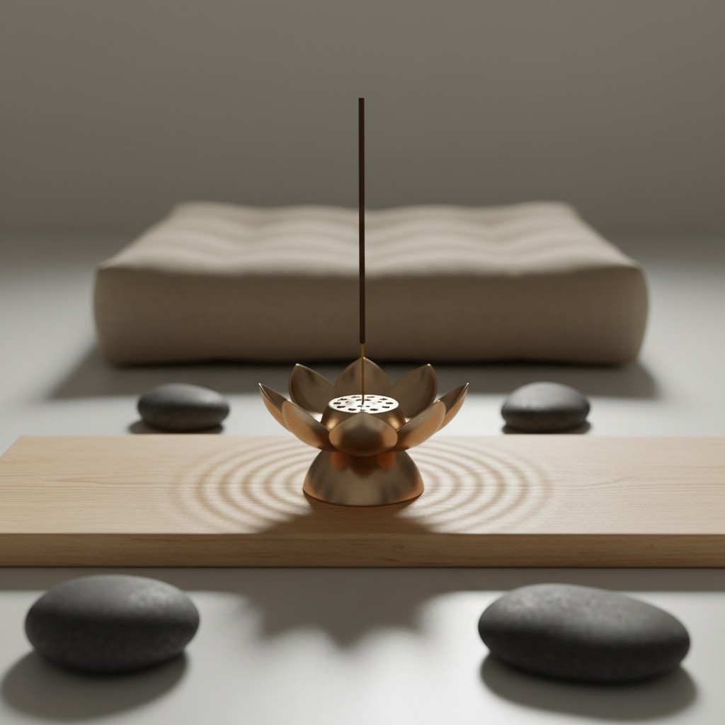 A serene scene featuring a gold lotus incense holder with a long incense stick rising from it, placed on a wooden board wi...